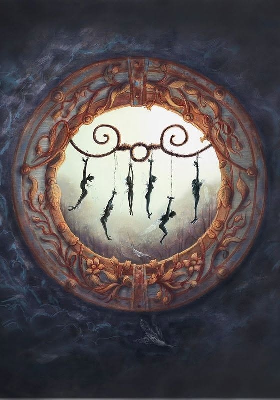 Small dark fairy figures trapezing from a curling bar inside an ornate round carved window, a misty forest beyond
