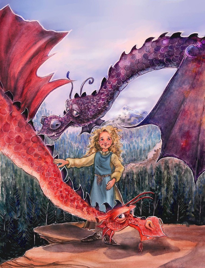 A girl in a blue tunic standing between a purple dragon and a red dragon, with forest and a snowy mountain behind