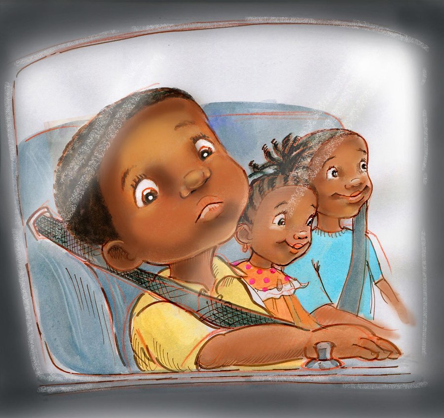 Three children buckled into a car, the eldest gazing up out of the window