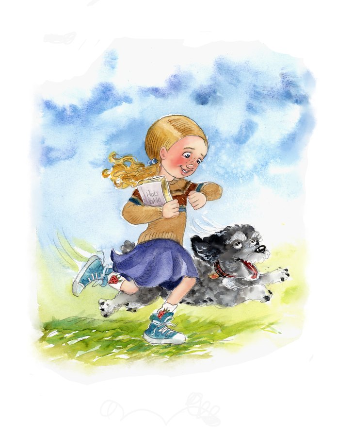 A girl in a blue skirt running across the grass with a small black-and-white dog bounding beside her
