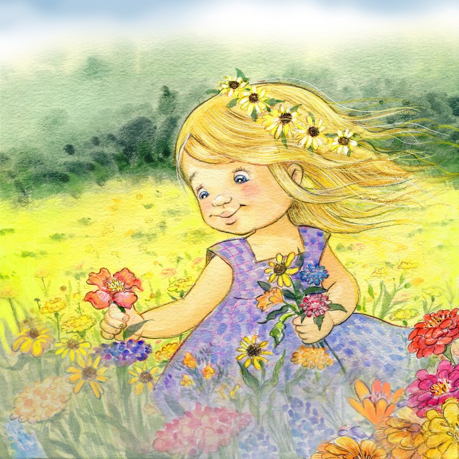 A girl in a daisy crown wading through a sunlit meadow of wildflowers
