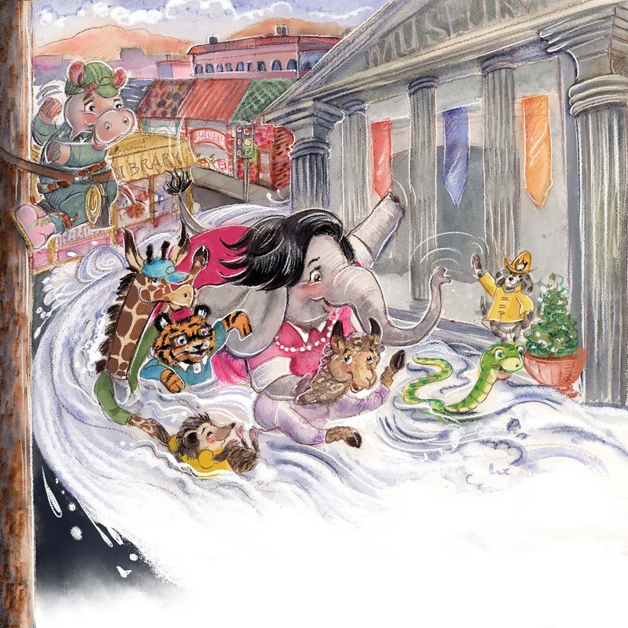 A wave of white foam sweeping an elephant, giraffe, tiger, llama and hedgehog down a street past a museum, while a hippo watches from a cart