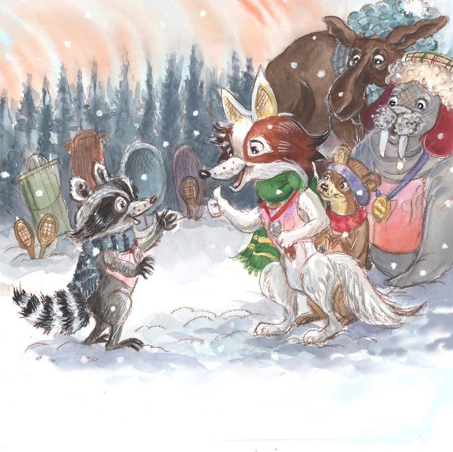 A raccoon, fox, moose and walrus in scarves meeting among snowy pines