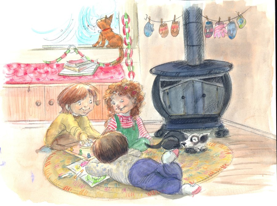 Three children playing a board game on a braided rug beside a pot-belly stove