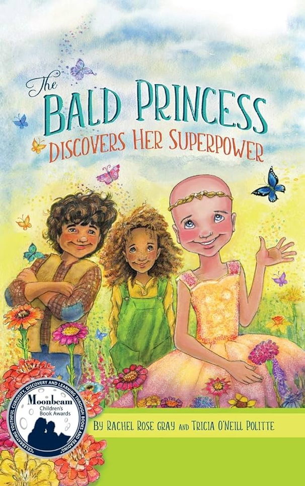 Book cover: The Bald Princess Discovers Her Superpower — three children in a flower garden