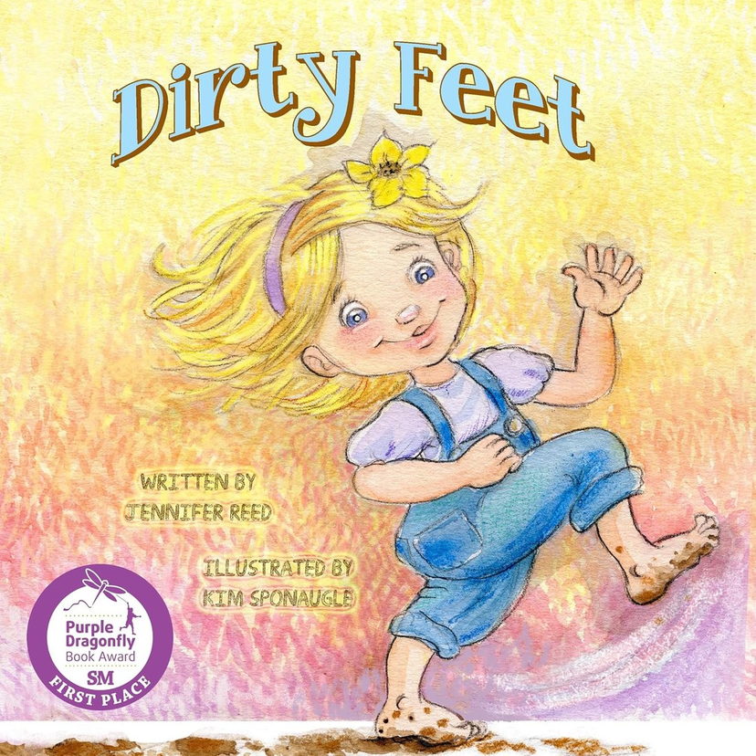 Book cover: Dirty Feet — a barefoot girl in overalls running across warm yellow ground