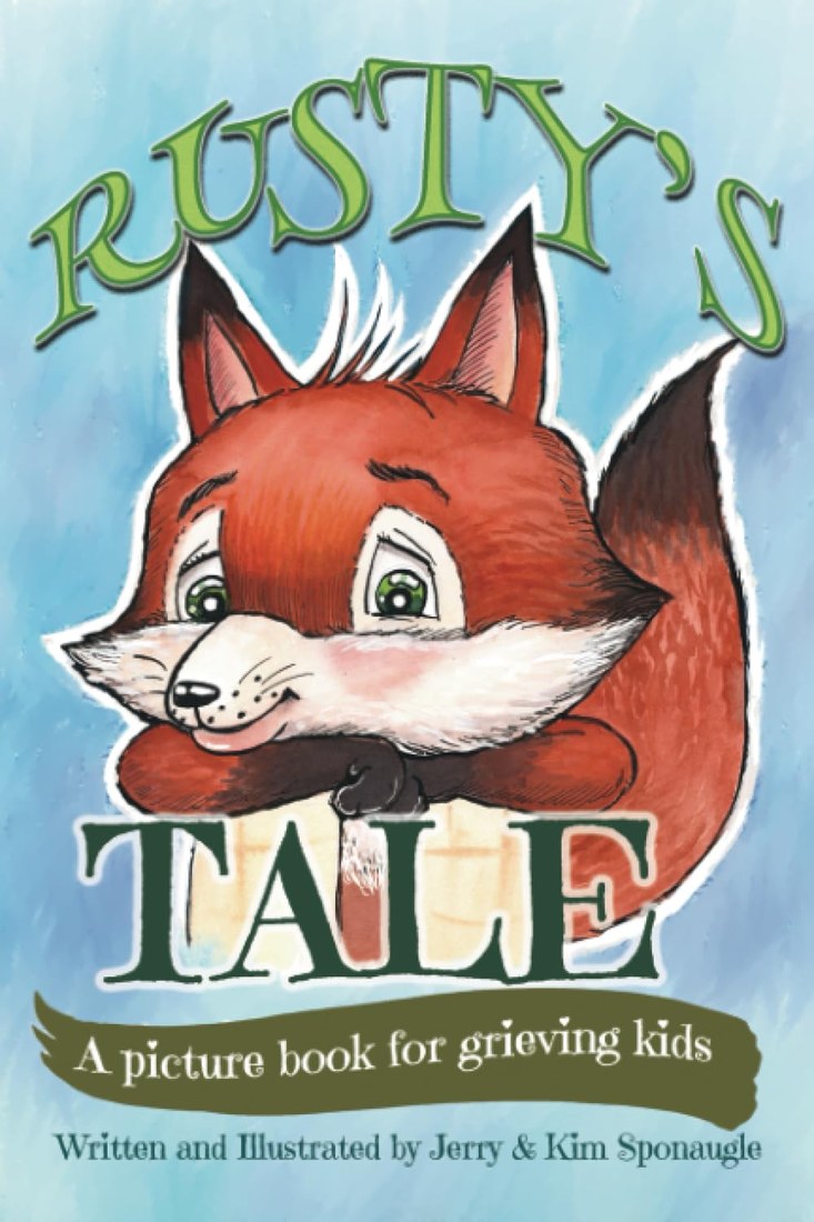 Book cover: Rusty's Tale — a red fox with a gentle, sorrowful expression against a soft blue sky