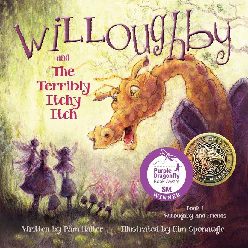 Book cover: Willoughby and the Terribly Itchy Itch — a golden dragon leaning down to three fairies in a wood